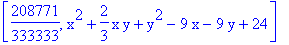 [208771/333333, x^2+2/3*x*y+y^2-9*x-9*y+24]